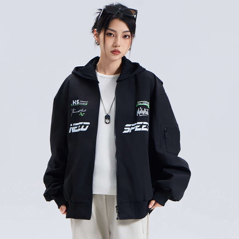 Kawasaki/川崎 美式潮流机车风假两件连帽飞行员夹克外套男女同款