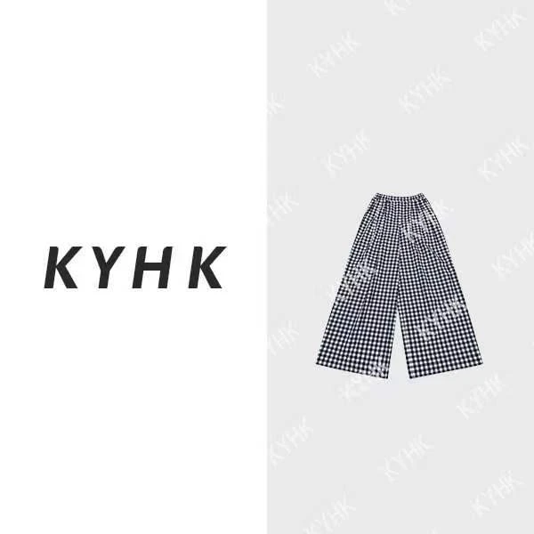 KYHK 复古文艺感舒适棉质百搭休闲阔腿格子裤240408