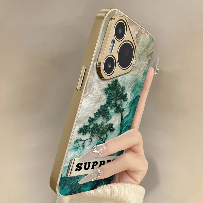 云雾青松小羊皮适用于华为pura80手机壳电镀网红同款高颜值带支架