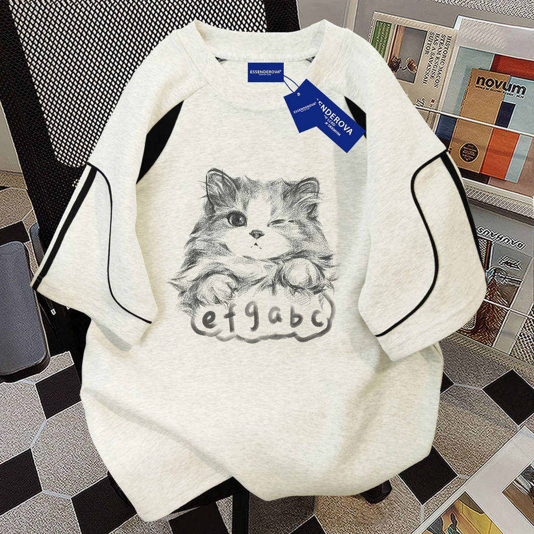 100%纯棉2025新款小猫印花短袖t恤男女夏季休闲宽松圆领街头上衣
