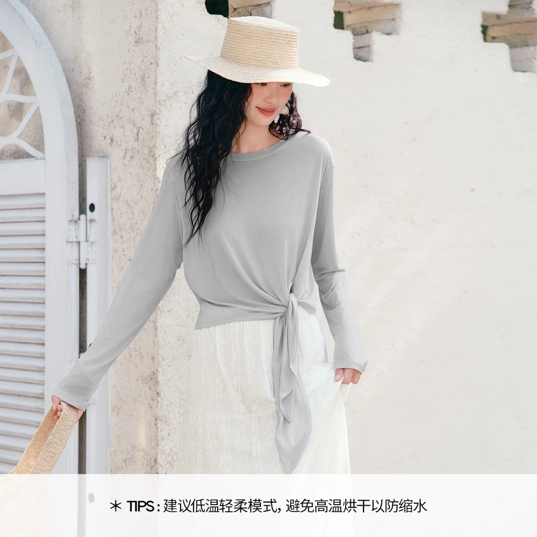 伊芙丽薄透扭结设计蓝色T恤女装25夏季新款显瘦防晒罩衫1G6901961