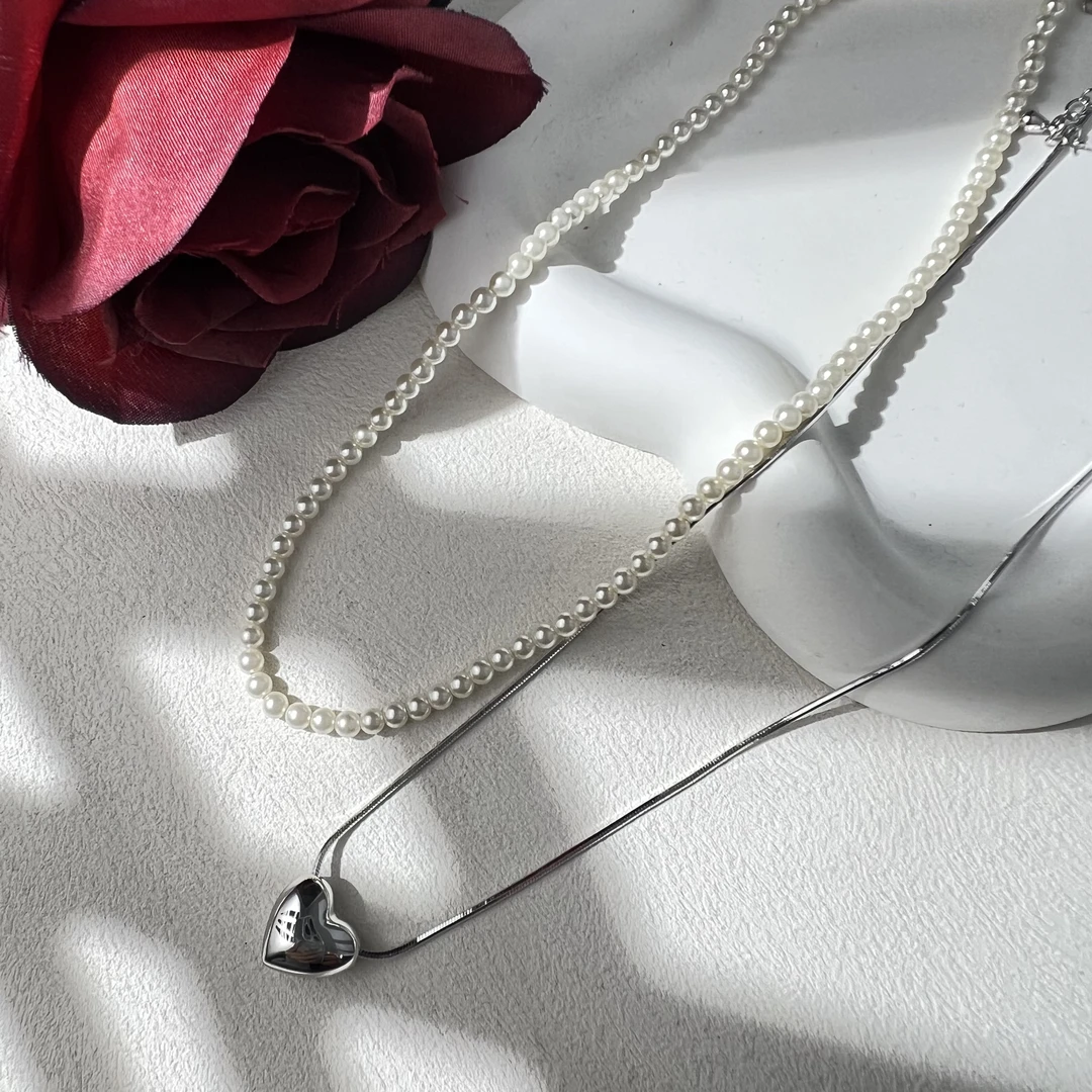 铜合金仿珍珠项链 双链爱心 3mm奶白色珠珠 真两条 多种戴法147