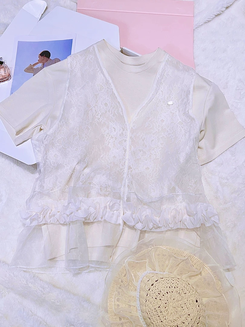 琳心丨夏季新款时尚花边网纱T恤马甲假两件上衣 4930
