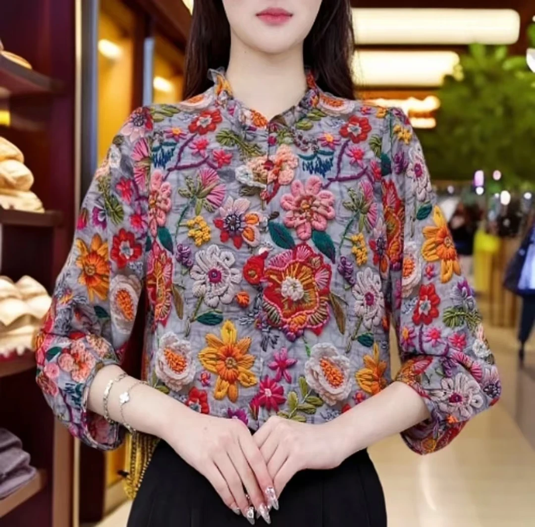 25款休闲薄款百搭3长袖中式上衣花卉衫衬860