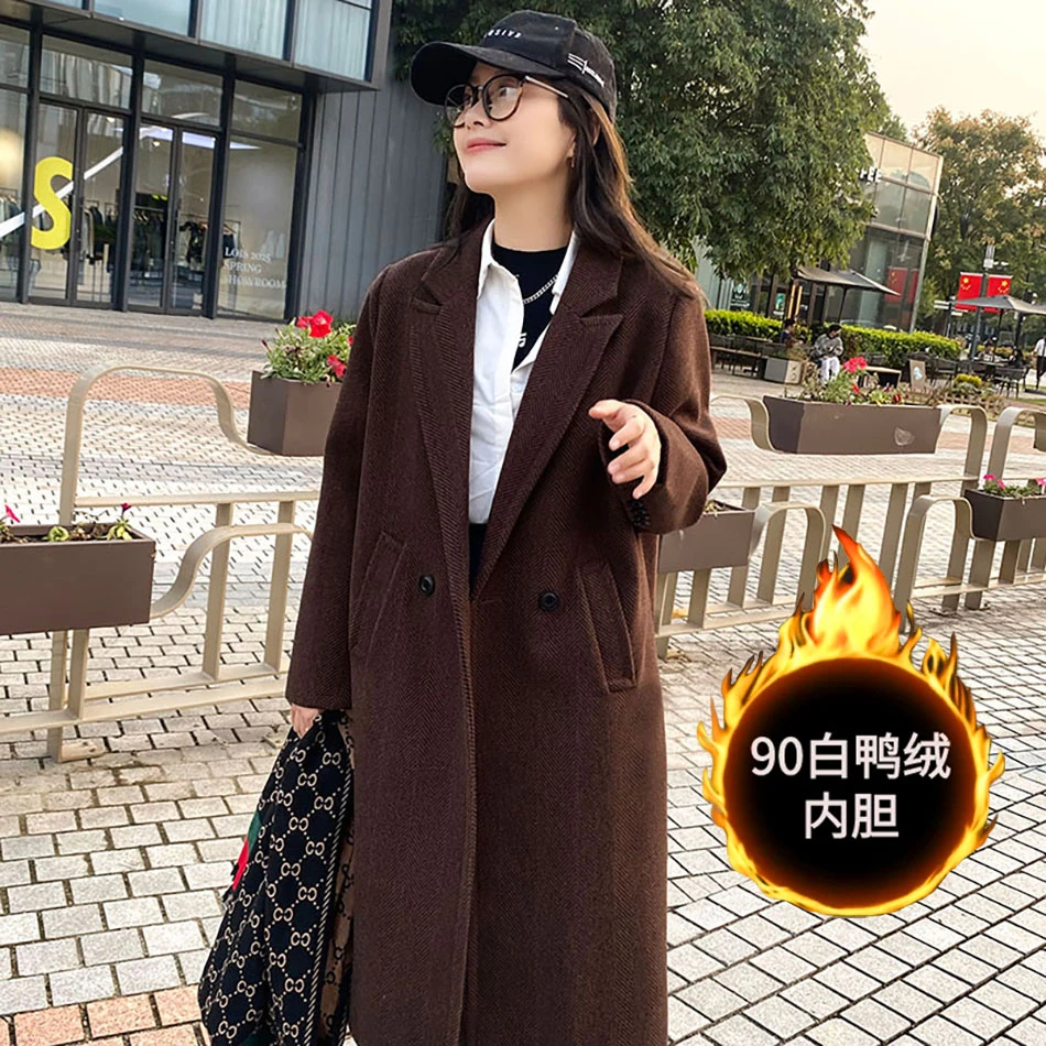 2025冬季羽绒服内胆人字纹毛呢外套女高档洋气加厚赫本风呢子大衣