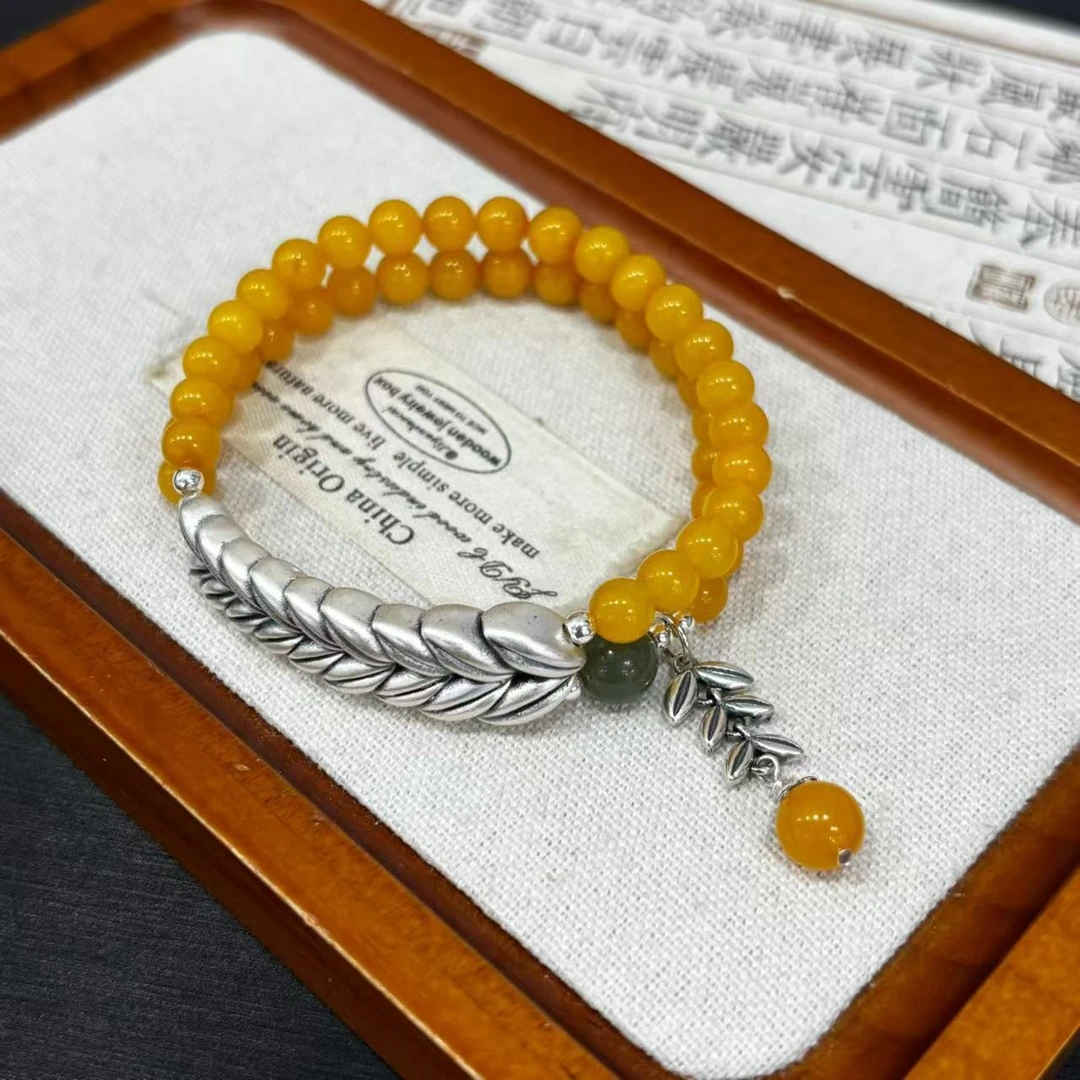 【丽姐专属】03937 大麦双层手排蜜蜡麦穗银手链多样发