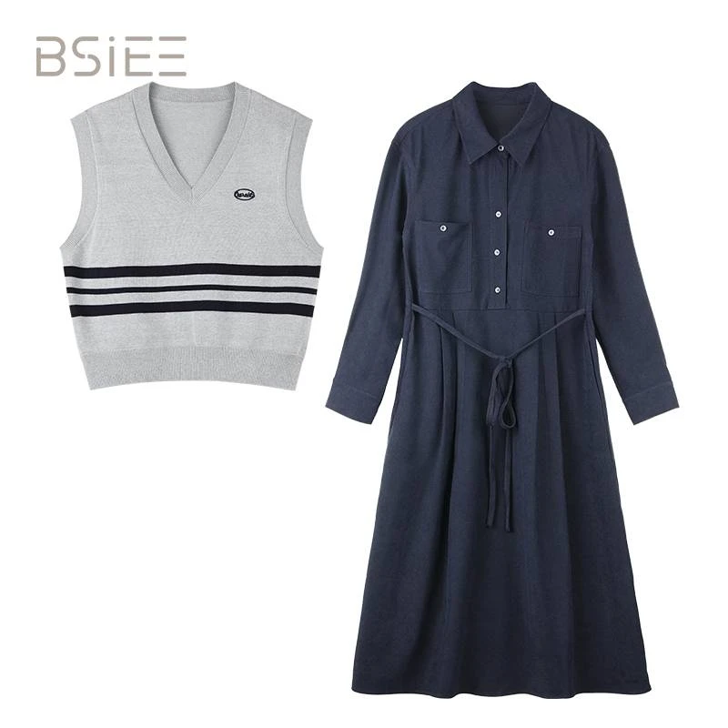 BSIEE/本涩毛织马甲连衣裙套装