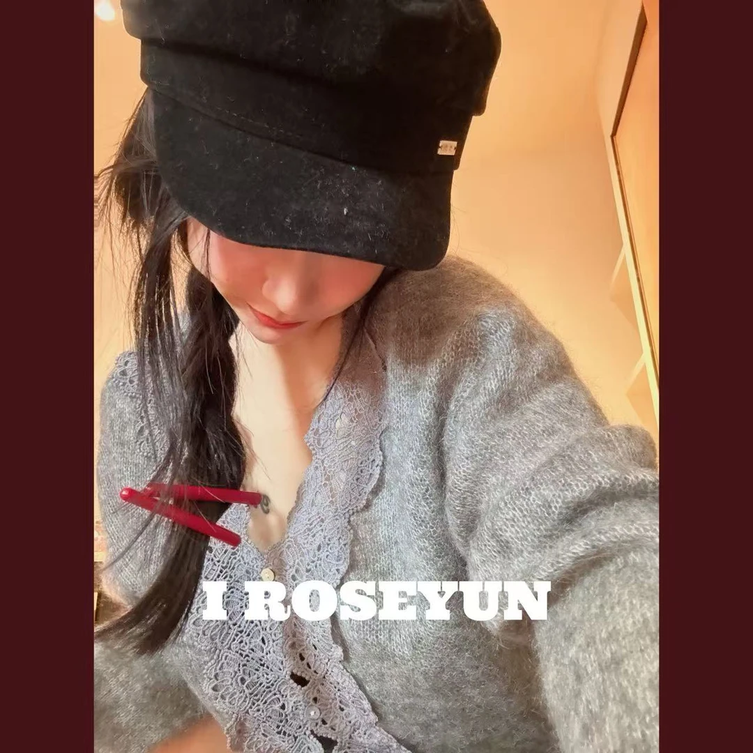 【Rose Yun】重工蕾丝刺绣V领马海毛天丝针织开衫 JY095146