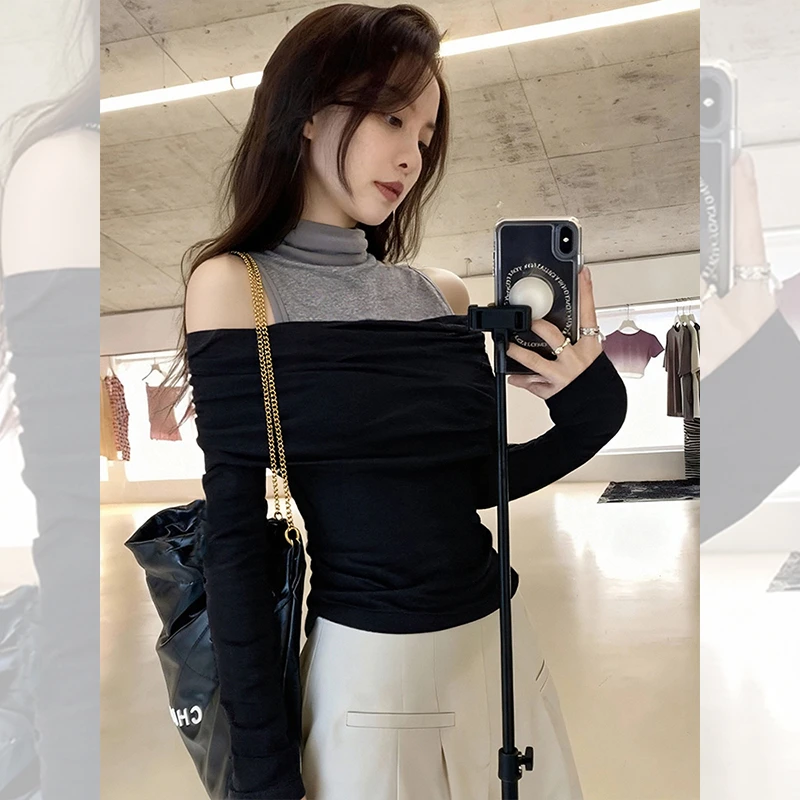 别致独特漂亮假两件挂脖小衫内搭打底长袖t恤洋气露肩上衣女秋冬