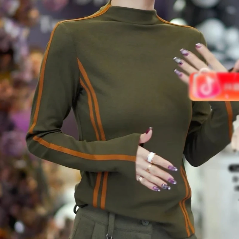 韩版半高领条纹长袖t恤女秋冬新款撞色时尚内搭打底修身短款上衣