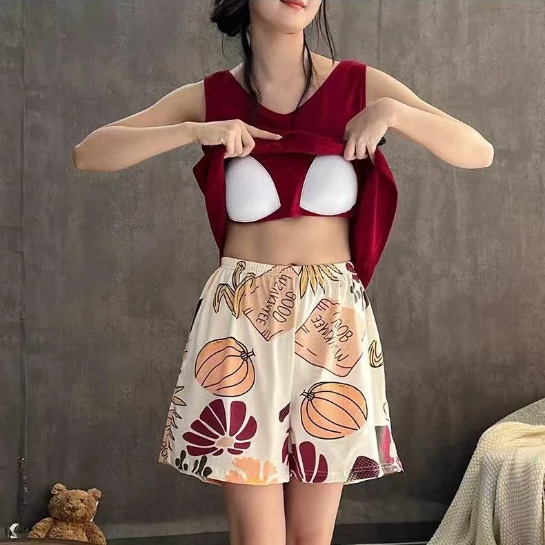 一体带胸垫睡衣女夏季纯棉薄款无袖坎肩吊带性感背心式家居服套装