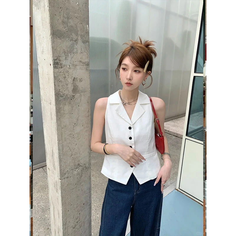 法式气质百搭时髦修身显瘦马夹女夏季复古简约高腰休闲宽松裤套装