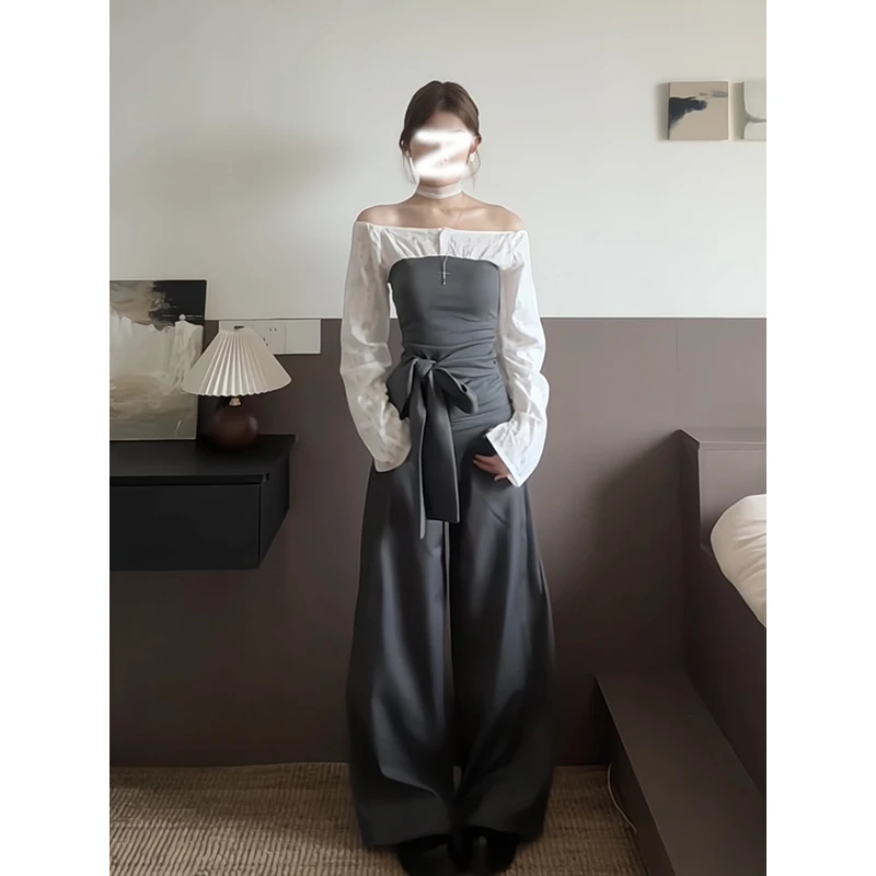 小众设计感拼接一字肩上衣女春季新款韩系穿搭宽松西装裤两件套装