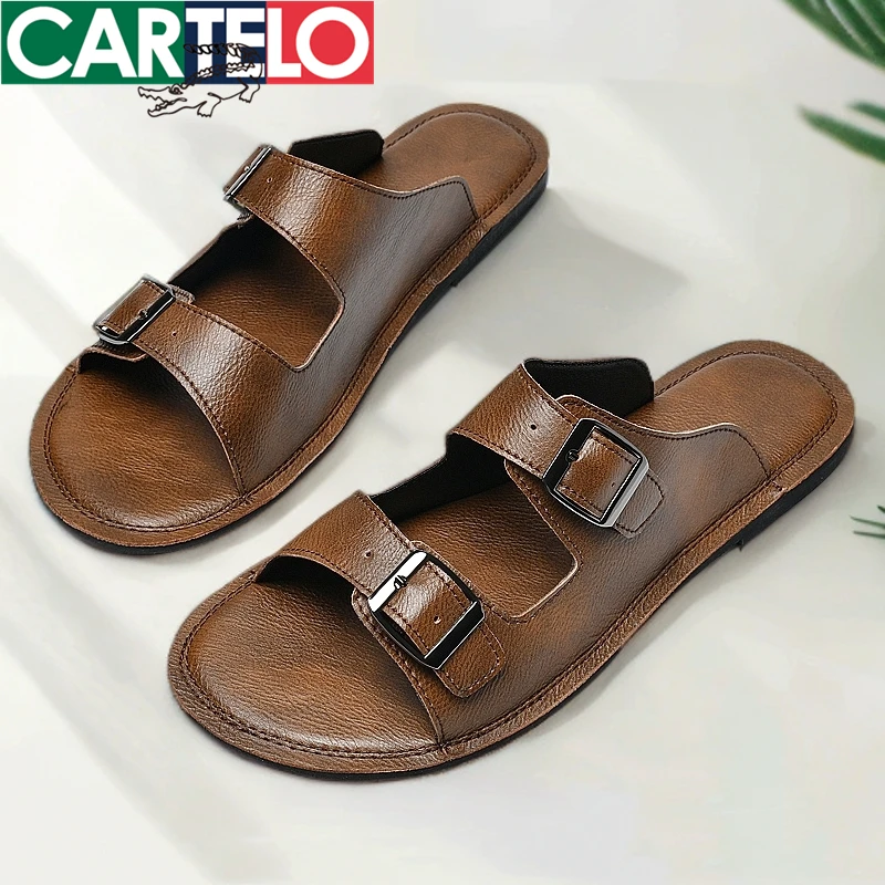 CARTELO/卡帝乐鳄鱼凉拖鞋男夏季一字拖室外休闲真皮拖鞋韩版透气