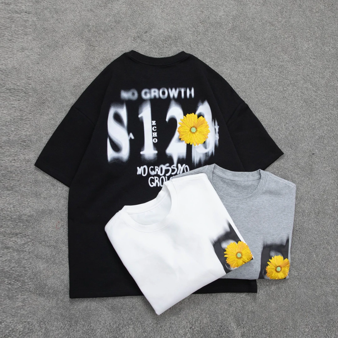 S123国潮幻影花卉图案T恤潮牌痞帅炸街夏季宽松休闲情侣短袖上衣