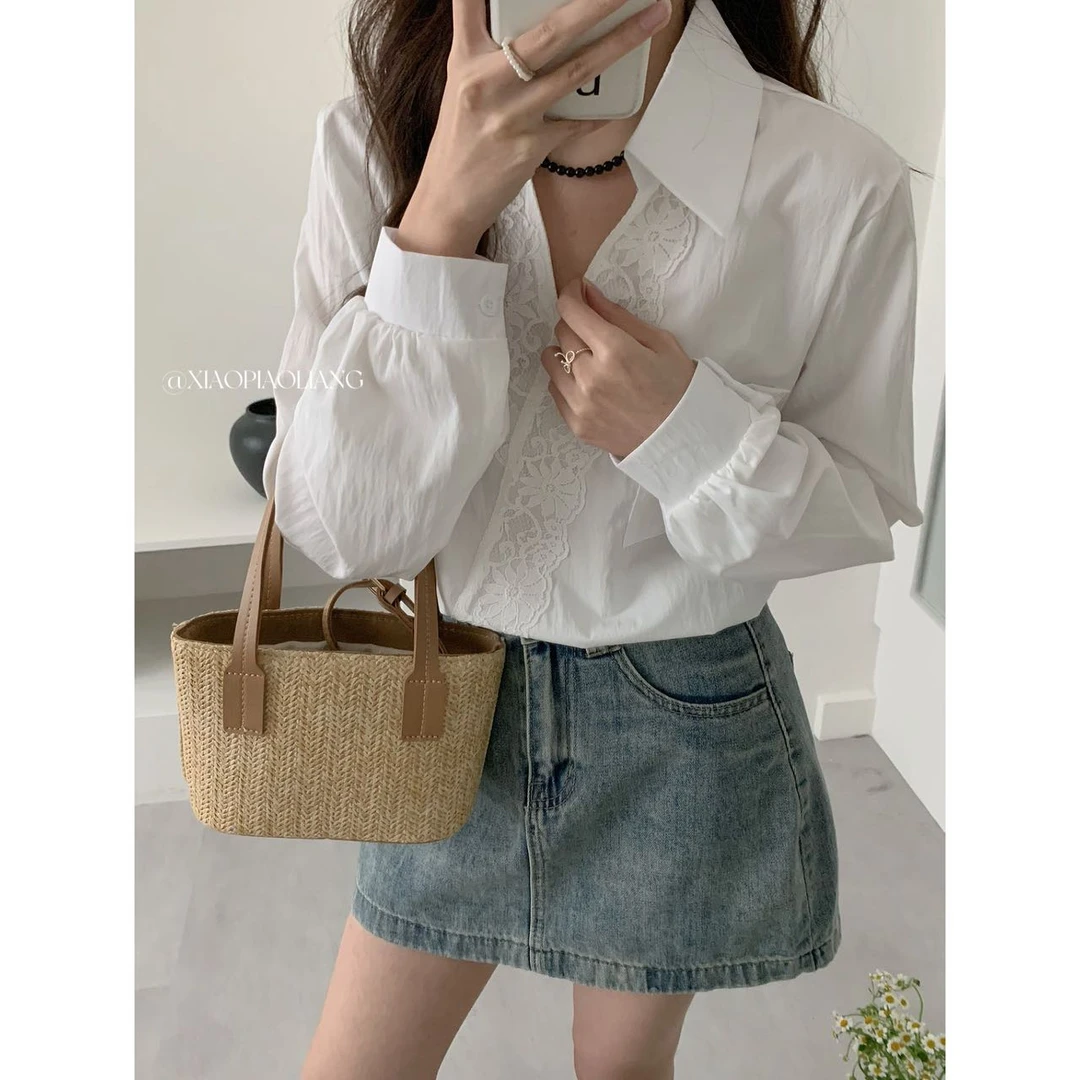 法式高级感蕾丝拼接不规则设计上衣V领百搭显瘦长袖衬衣2355#0.12