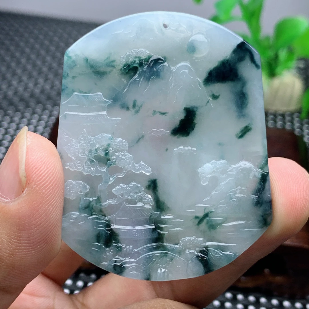 天然缅甸A货翡翠玉石精雕糯冰飘花山水牌吊坠挂坠蓝针精美冰透