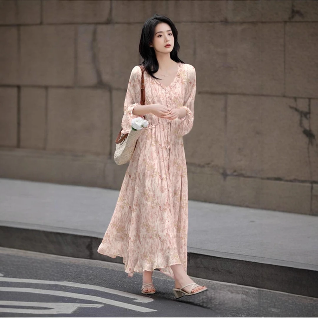 连衣裙女夏季五一旅游出街衣服洋气女裙子气质高级感雪纺长款5571