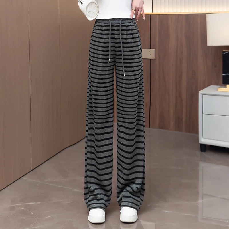 条纹阔腿裤女春秋2025新款宽松慵懒风高腰显瘦垂感直筒宽松休闲裤