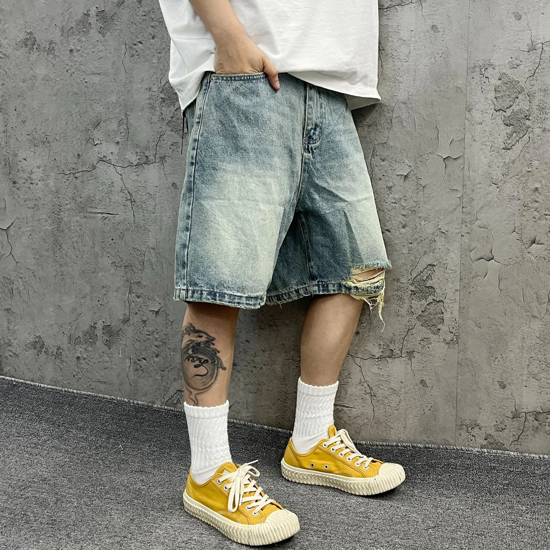 美式复古重磅水洗12盎司破洞宽松牛仔五分裤短裤男女 2167