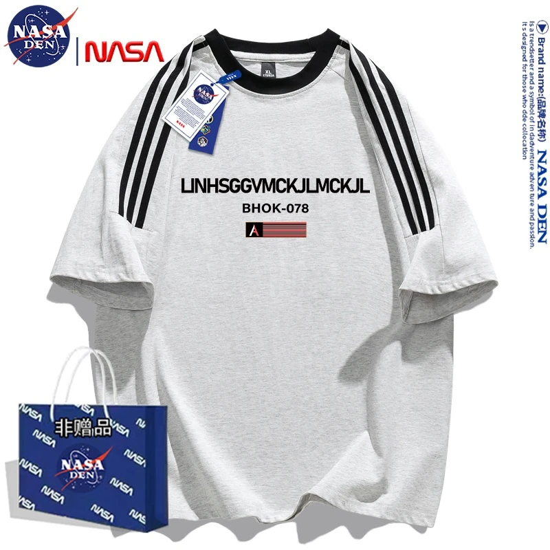 NASA联名夏季三条杠百搭重磅纯棉短袖男女T恤休闲时尚潮流半袖潮