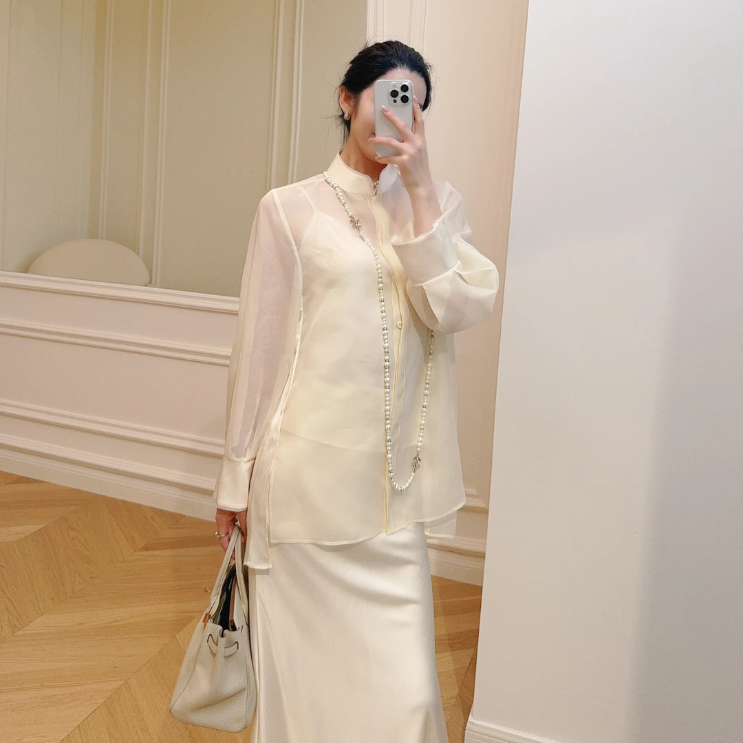 嫚渡100%桑蚕丝|国风衬衫 新中式薄纱立领长袖飘逸宽松真丝衬衫