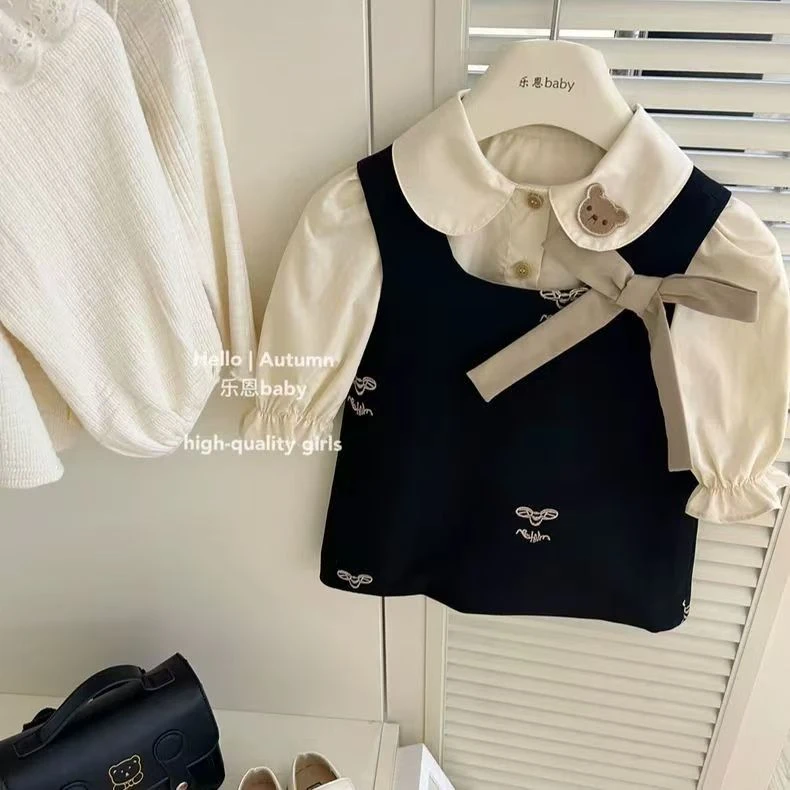 女童套装2025秋季新款女宝宝洋气时髦卡通小熊衬衫背心裙套装裙子