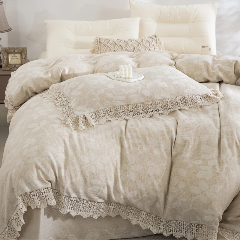 新款花边】A类母婴级色织提花棉麻四件套高品质