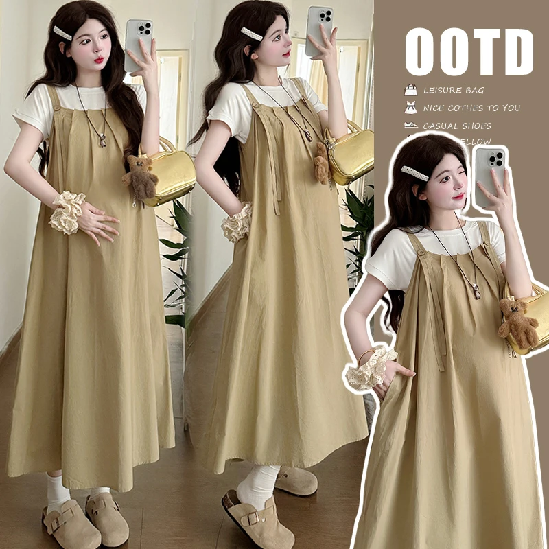 孕妇夏装连衣裙2025新款套装时尚洋气时髦短袖上衣背带裙女两件套