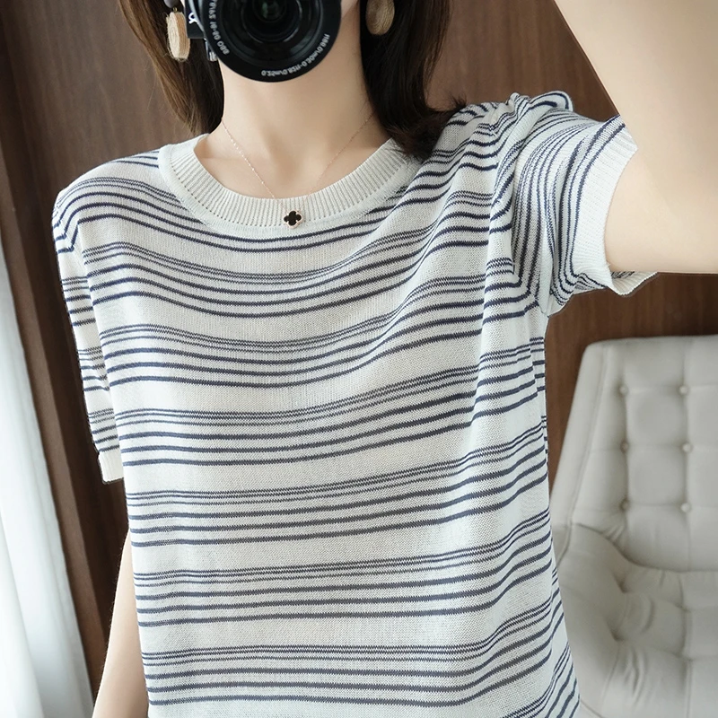 2025春夏新款女装纯棉线条纹短袖宽松显瘦设计感减龄上衣百搭T恤
