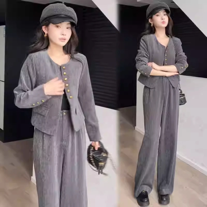 时尚套装女秋季新款时髦气质显瘦小香风短款外套高腰阔腿裤两件套