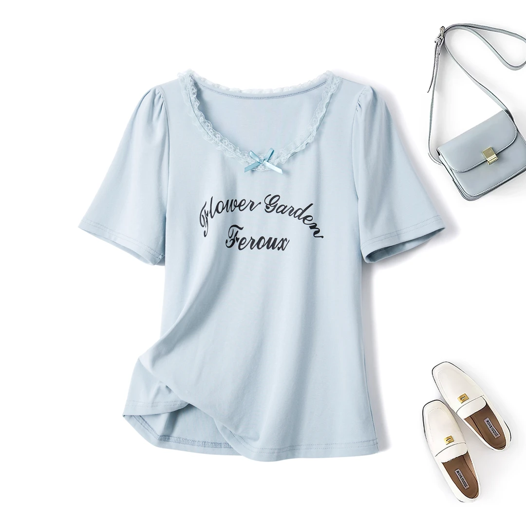 清2025夏装韩系大码女蝴蝶结蕾丝边短袖T恤收腰修身显瘦上衣64125