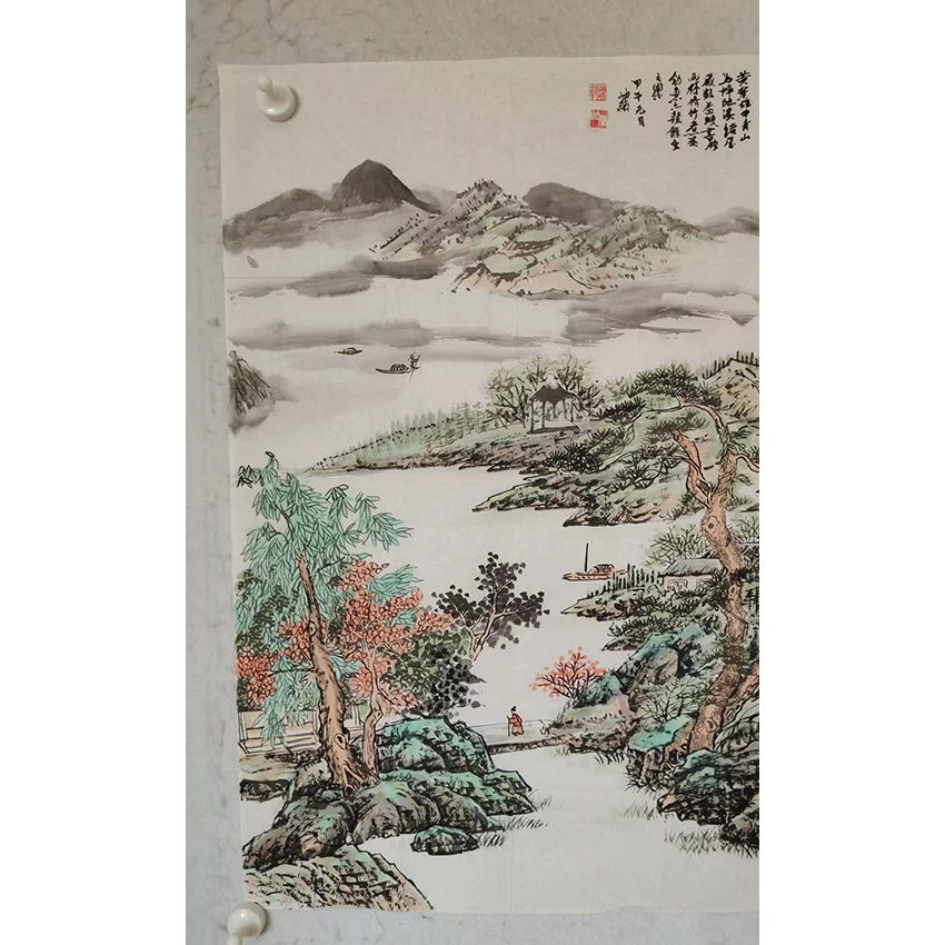 4468  纯手绘老字画《山村人家》斗方 70×46
