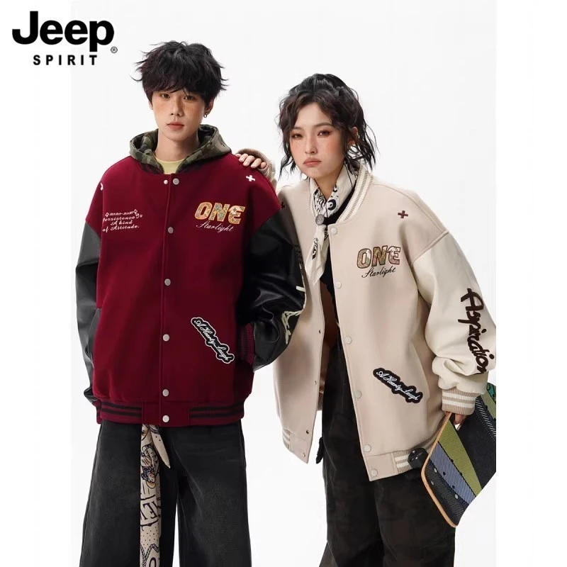 JEEPSPIRIT红色棒球服外套男青年美式高街oversize上衣秋季设计感