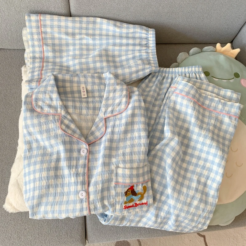 甜美云朵棉短袖三件套格子腊肠狗春夏季学生宽松薄款家居服套装
