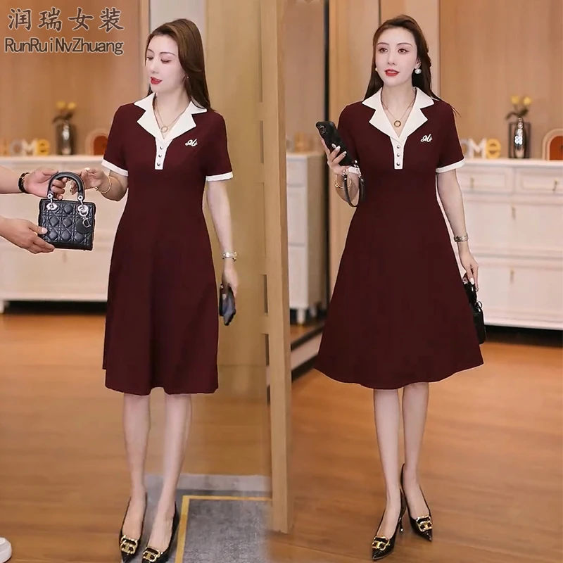 短袖洋气通勤夏季遮肚大码连衣裙宽松休闲风高腰时尚裙子2025潮流