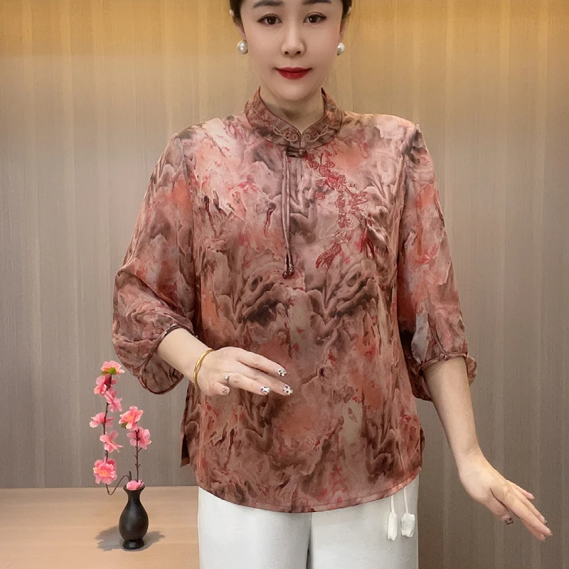 8538新款夏季立领刺绣碎花中老年女装时尚洋气经典宽松婆婆装