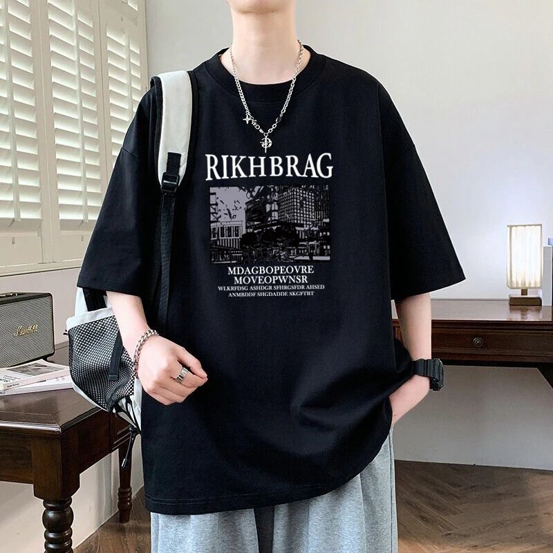 短袖t恤男生夏季新款重磅潮牌美式印花百搭痞帅慵懒男士短袖