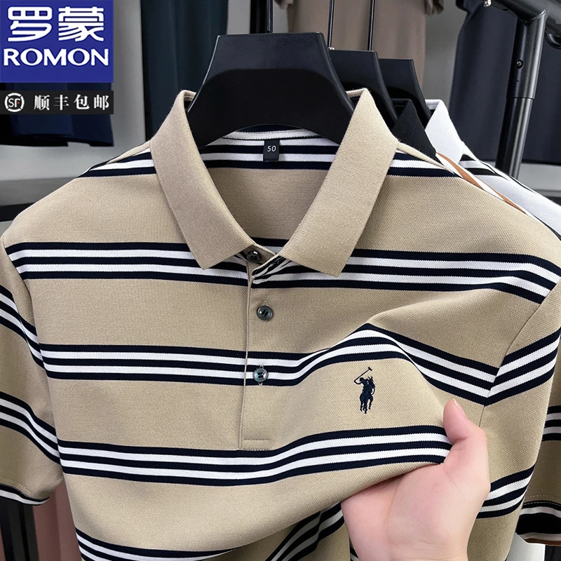 罗蒙短袖T恤男士翻领条纹夏季宽松休闲Polo衫百搭商务男装上衣服