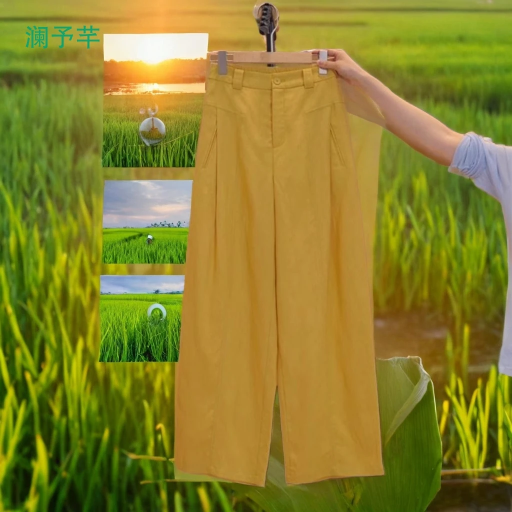 天丝亚麻夏季2025新款高腰后松紧黄色休闲阔腿凉爽风琴裤女薄