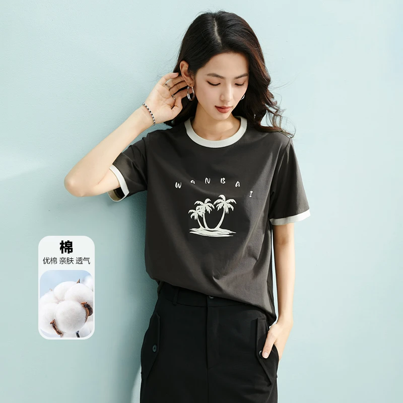 晚白【新品】2025夏上衣正肩印花短袖女25040707
