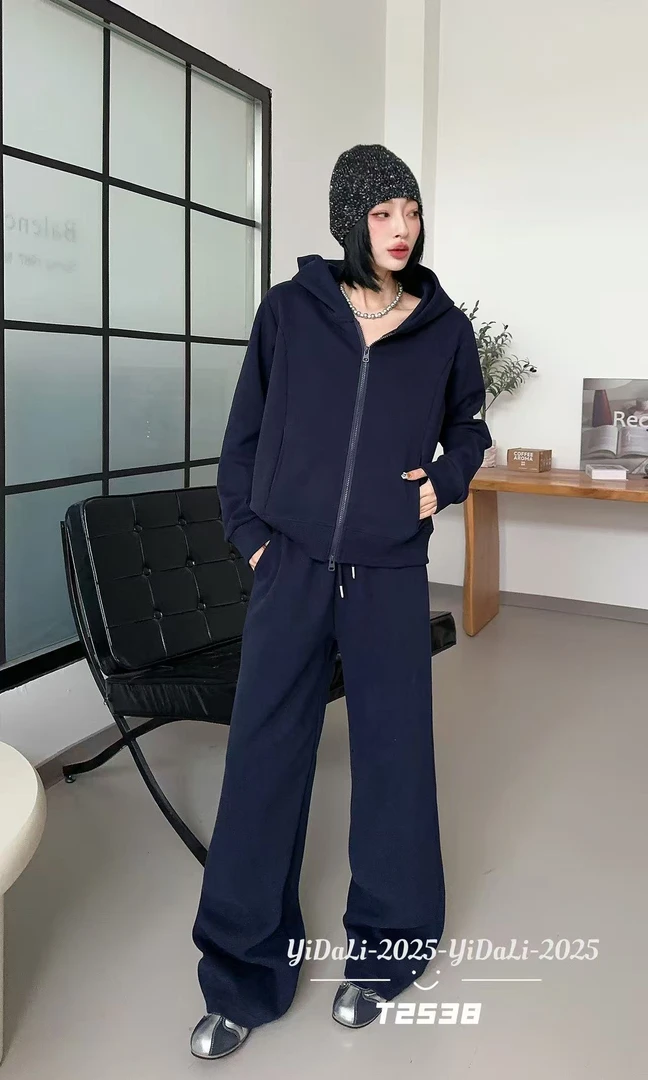 【松弛有度】秋季女士设计款气质显瘦正肩休闲连帽开衫套装T2538