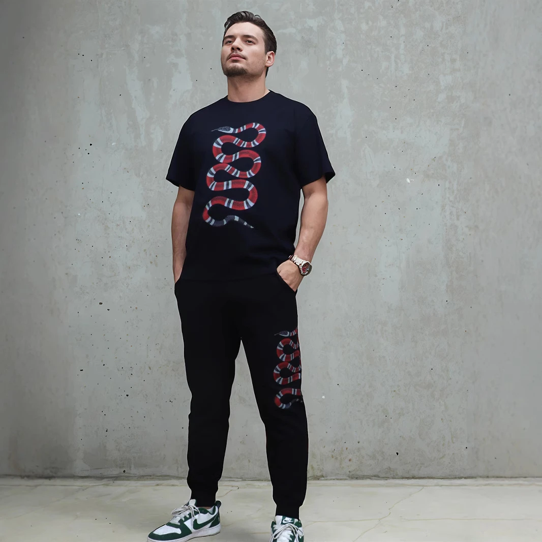 蛇年新款加肥加大码街头数码印花祥瑞蛇生肖个性短袖T恤长裤套装