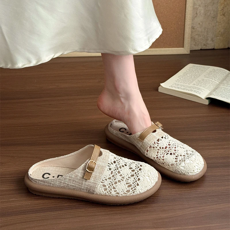 软底渔夫鞋包头半拖鞋女夏外穿2025新款一脚蹬配裙子镂空透气凉拖