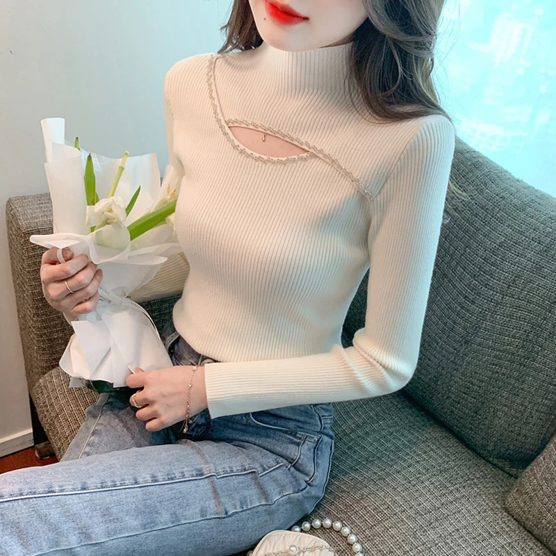 半高领领小香风针织衫上衣女秋冬修身显瘦气质内搭打底衫杏色毛衣