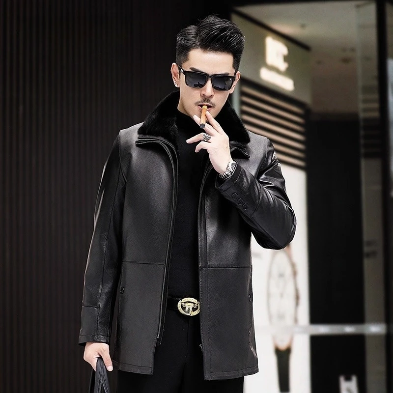 BALEYSWO冬季翻领真皮皮衣男士水貂毛领中老年水貂内胆皮草外套男