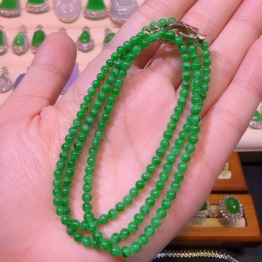 翡翠未镶嵌项链翡翠绿圆珠珠链