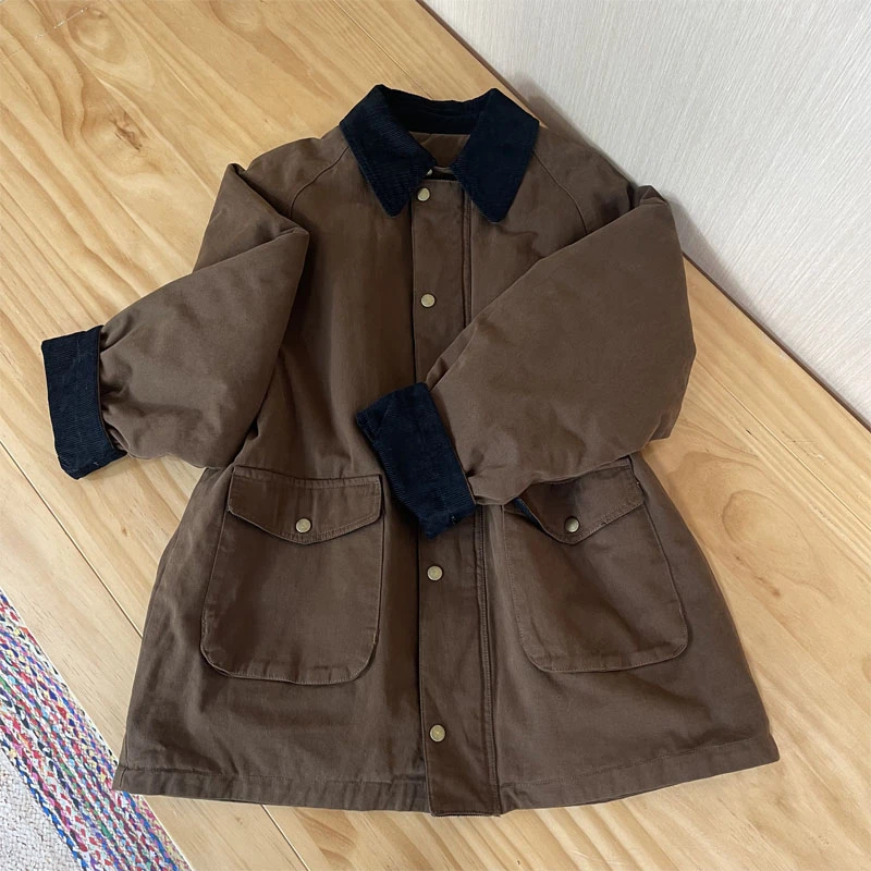 冬季爆款加厚纯棉面料棉格封里灯芯绒翻领中长加厚棉风衣户外装