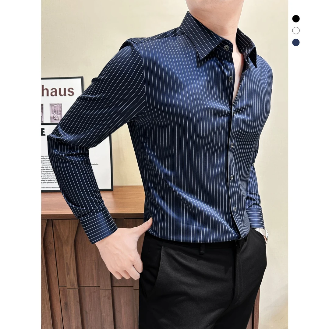 硬挺条纹衬衫男款长袖气场强大高级感男装新款男士衬衣秋季男上衣
