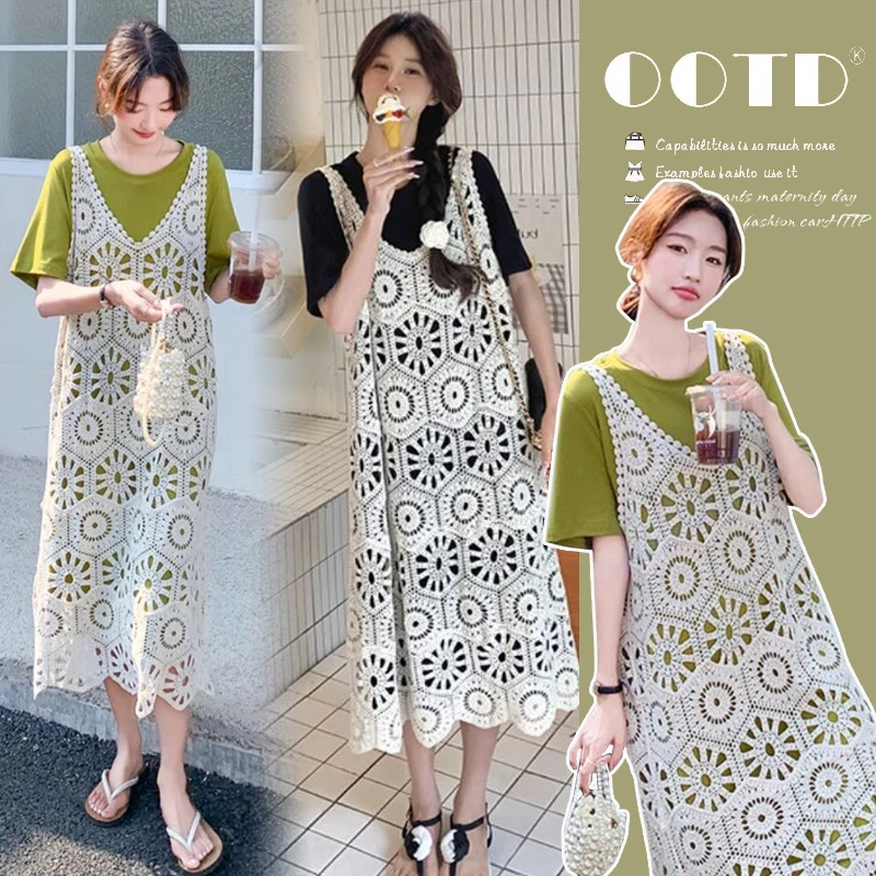 度假风套装女夏季钩花镂空连衣裙夏季内搭短袖T恤长裙时尚两件套